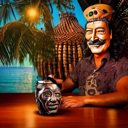 Image similar to a closeup photorealistic photograph of smiling salvador dali at trader vic's bar sitting next to a trader vic's style tiki mug featuring the face of salvador dali. tiki culture. bright scene. 4 k hd image that's trending on artstation, featured on behance, well rendered, extra crisp, features epic composition and the style of unreal engine.