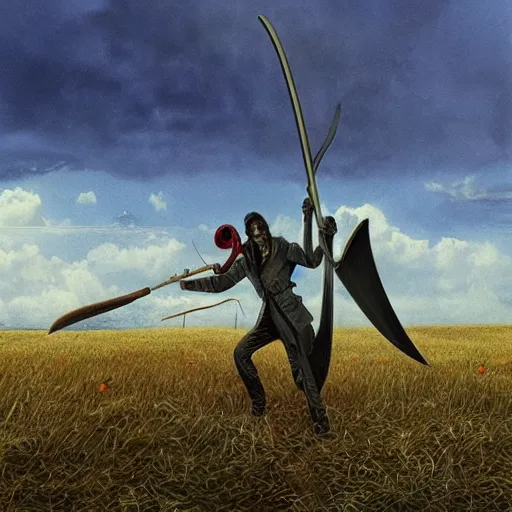 Prompt: death with a scythe takes its harvest in the field, ultrarealistic, photorealism, high quality, ultra detailed, 16k,