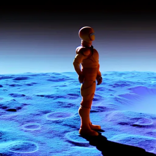 Prompt: Dr.Manhattan character from Watchmen watching on a beautiful vibrant sunrise on mars. Volumetric light