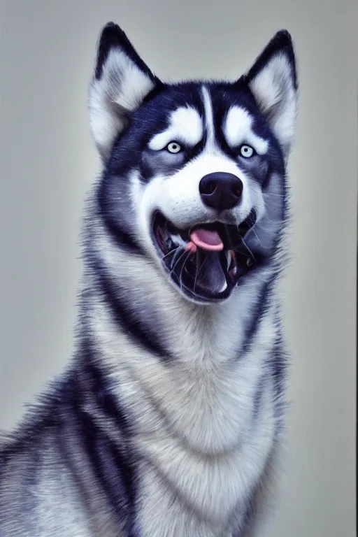 Image similar to a character design of a husky wearing a white vest, portrait painting