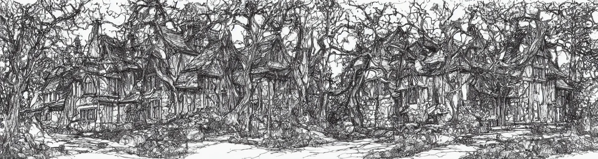 Prompt: a beautiful Tudor style house in the woods, a pen and ink drawing by Franklin Booth, fineliner drawing