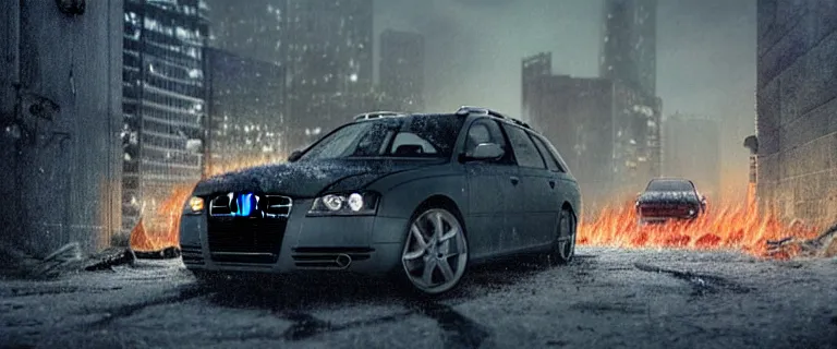 Prompt: Audi A4 B6 Avant (2002), a gritty neo-noir, dramatic lighting, cinematic, eerie person, death, homicide, homicide in the snow, viscera splattered all over the car, gunshots, establishing shot, extremely high detail, photorealistic, arson, burning city, cinematic lighting, artstation, by simon stalenhag, Max Payne (PC) (2001) winter New York at night, In the style of Max Payne 1 graphic novel, flashing lights, Poets of the Fall - Late Goodbye