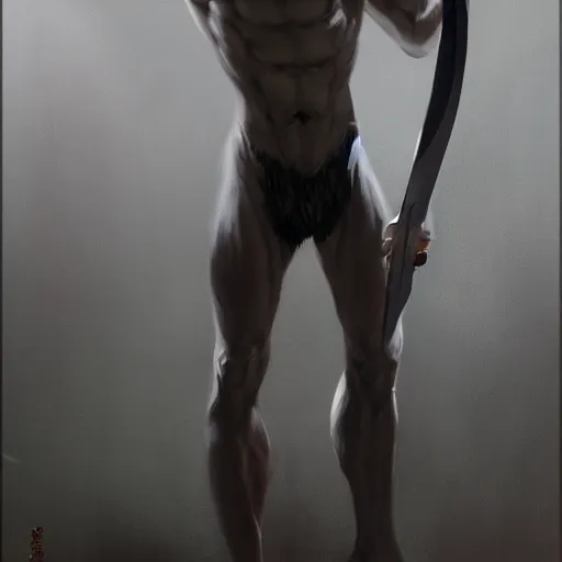 Prompt: fantasy painting of a pale man with a black blade, full body, clothed, painted by Bayard Wu, ultra detailed, 8k