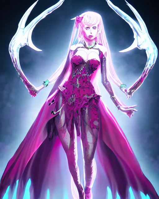 Image similar to satan daughter wearing gown, beautiful, fantasy, colorful, cinematic lighting, artstation, trending, highly detailed, focus, smooth, by hirohiko araki and yoshitaka amano