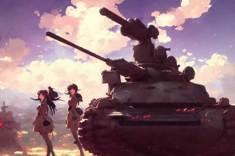 Prompt: baroque oil painting of anime key visual concept art of anime maid soldiers sat inside a tank on the battlefront, official art, trending on artstation, palette knife and brush strokes, oil on canvas, style of makoto shinkai greg rutkowski studio ghibli