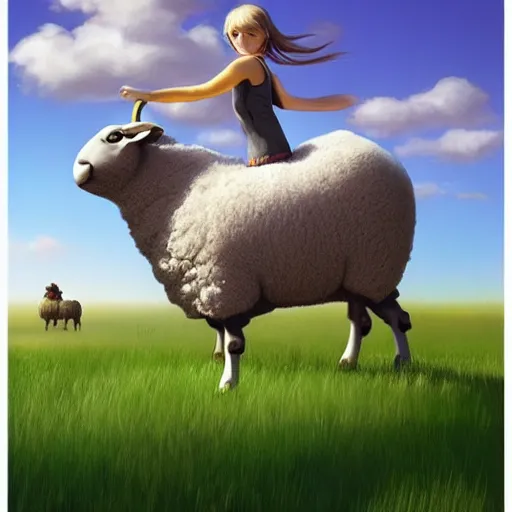 Image similar to girl riding a giant sheep in a field, trending on artstation