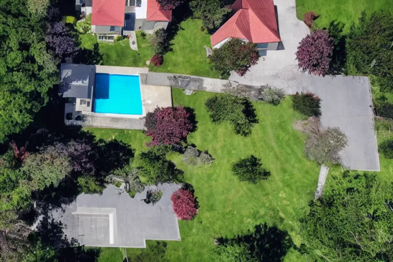 Prompt: looking down on a house from a drone