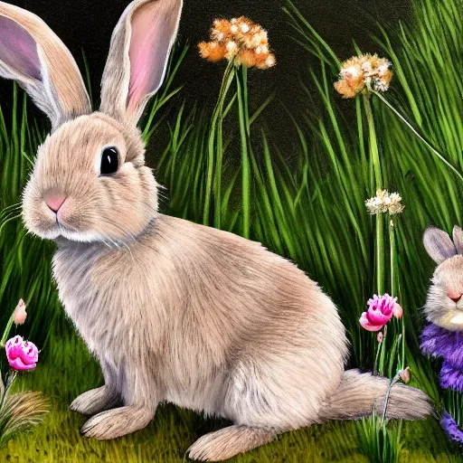 Prompt: cute fluffy tan lop eared bunny rabbit sitting in forest landscape with pond and flowers and reeds detailed painting 4k