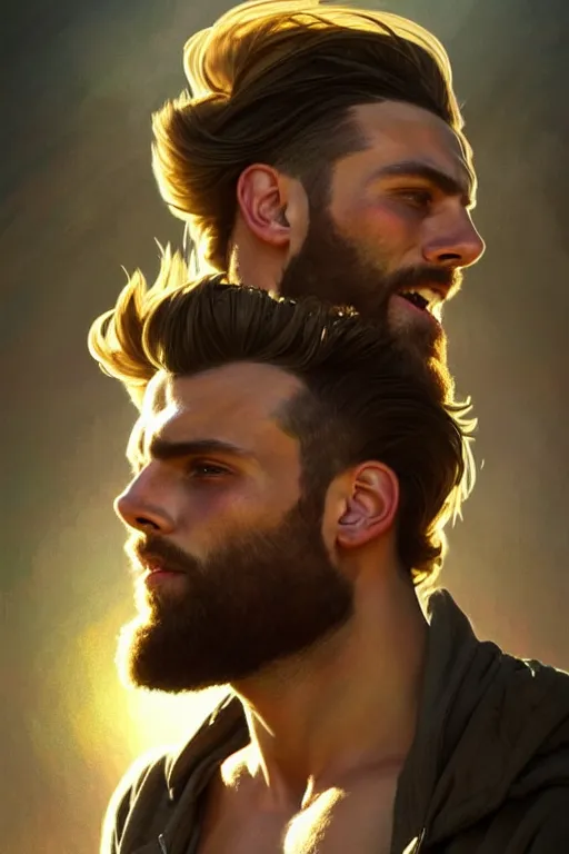Prompt: clear portrait of a gigachad! attractive men, cottagecore!!, background hyper detailed, character concept, full body, dynamic pose, glowing lights!! intricate, elegant, highly detailed, digital painting, artstation, concept art, smooth, sharp focus, illustration, art by artgerm and greg rutkowski and alphonse mucha