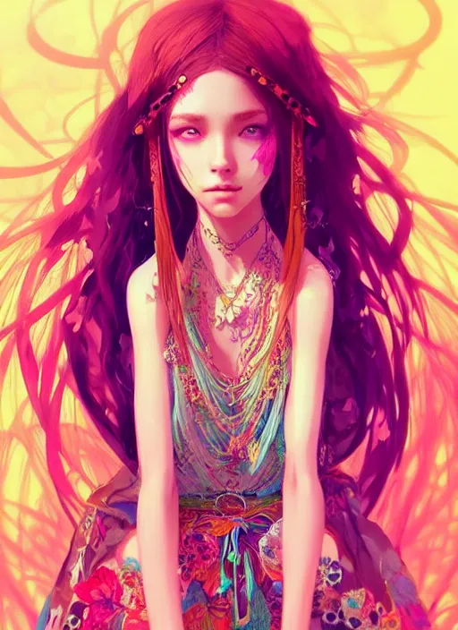Prompt: “a beautiful bohemian girl, intricate, highly detailed, digital painting, Pixiv, Artstation, official media, anime key visual, concept art, rich vivid colors, ambient lighting, sharp focus, illustration, art by WLOP”