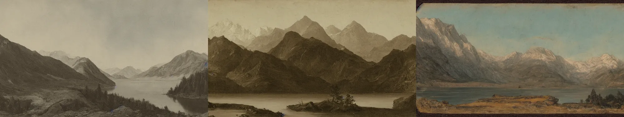 Prompt: lakeside mountains, manuscript