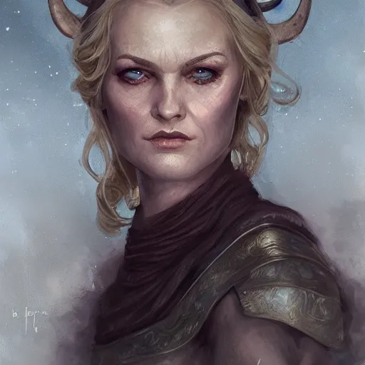 Image similar to a detailed matte head - on portrait painting of an middle - aged half - tiefling noblewoman with golden eyes and short well kept hair, by charlie bowater, lise deharme, wlop, tending on arstation, dungeons and dragon, dnd, pathfinder, fanart, oil on canvas