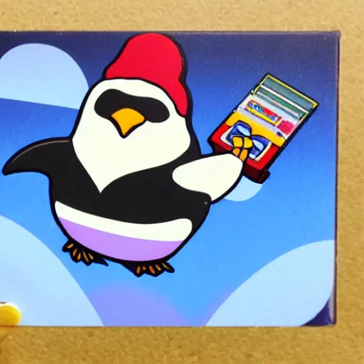 Image similar to fat penguin key art in a cartridge, rectangle sticker illustration, cartucho snes, super nintendo cartridge