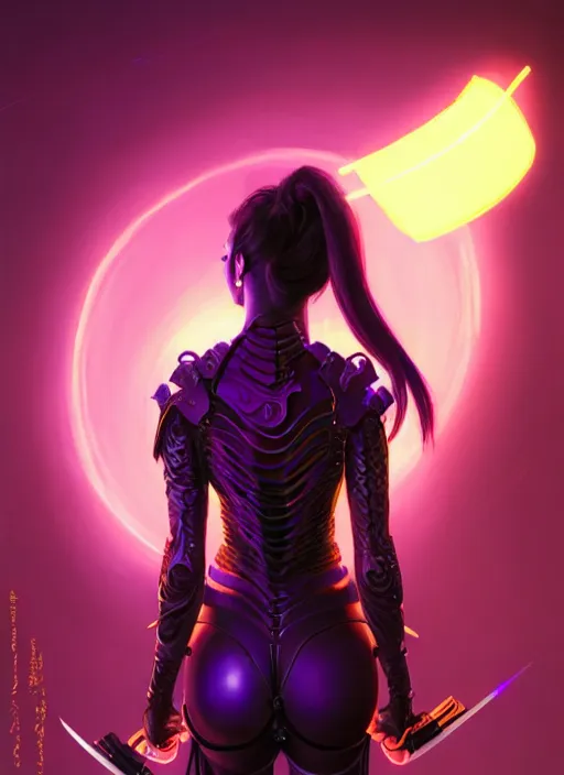 Image similar to portrait, back shot, looking away from viewer, woman with long black ponytail, wearing sci - fi leather armor, glowing purple katana, intricate, elegant, glowing lights, highly detailed, digital painting, artstation, concept art, smooth, sharp focus, illustration, art by wlop, mars ravelo and greg rutkowski