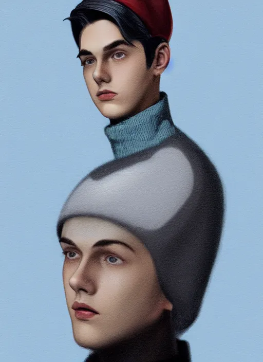 Image similar to portrait of teenage jughead jones wearing a light grey crown, crown, blue turtleneck, 1 9 5 0 s, closed eyes, photorealistic, black hair, glowing lighting, intricate, elegant, glowing lights, highly detailed, digital painting, artstation, concept art, smooth, sharp focus, illustration, art by wlop, mars ravelo and greg rutkowski