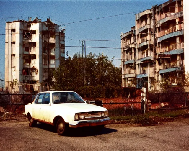 Prompt: a lomographic photo of old soviet car standing in typical soviet yard in small town, soviet suburbs on background, cinestill, bokeh, 1 9 8 0