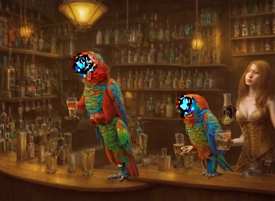 Prompt: parrot anthro as a bartender, dimly-lit cozy tavern, fantasy art, detailed painterly digital art style, fireplace, furaffinity, 🍸, 8k octane beautifully detailed render, post-processing, extremely hyperdetailed, intricate, epic composition, grim yet sparkling atmosphere, cinematic lighting + masterpiece, trending on artstation, very detailed, vibrant colors