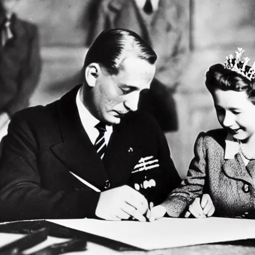 Prompt: 5 0 mm 1 9 4 6 historical photo, of a single german general and a young queen elizabeth signing a peace treaty, a cute corgi watches, french village interior, highly detailed, sharp focus, symmetrical face