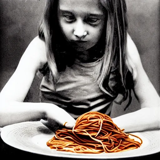 Image similar to girl eats spaghetti and crying spaghetti, style of Salvador Dali