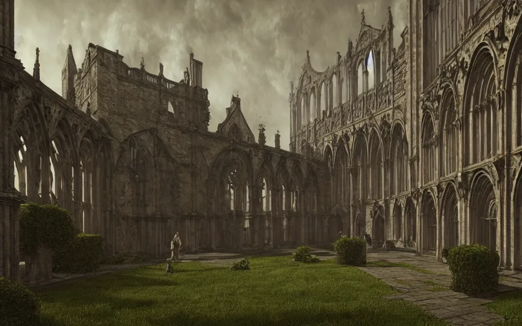 Prompt: cloister of a gothic abbey surrounded by arches, stone columns, bushes, a well, fog, gloomy atmosphere, highly detailed, cinematic lighting, perfect composition, 4 k, gustave dore, derek zabrocki, greg rutkowski, belsinski, octane render