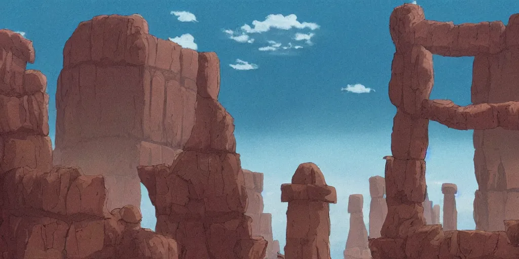 Image similar to a realistic cell - shaded studio ghibli concept art from paprika ( 2 0 0 6 ) of a hairless ape from close encounters of the third kind ( 1 9 7 7 ) in a flooded monument valley stonehenge. very dull colors, wide shot, hd, 4 k, hq