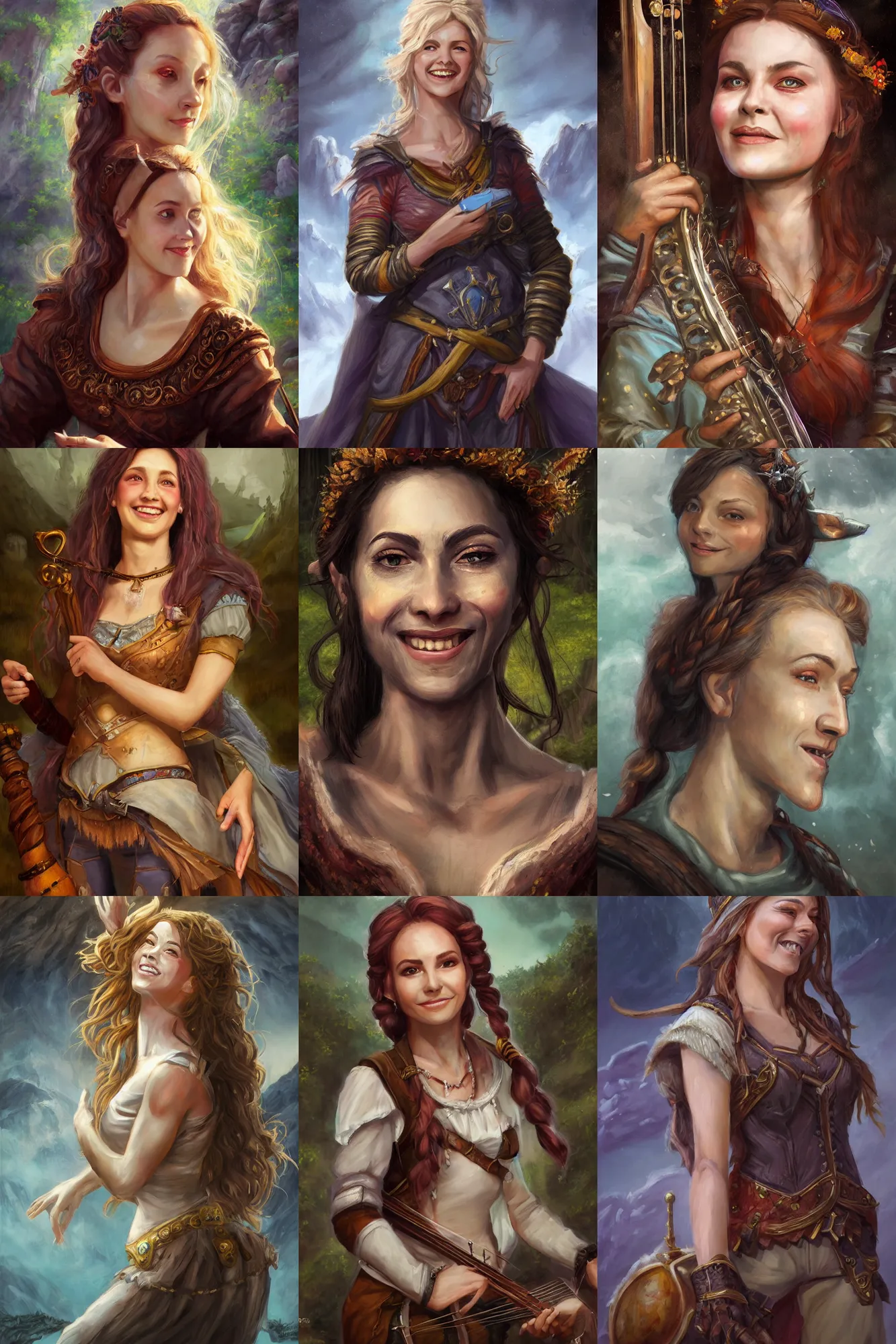 Image similar to a full body high detail fantasy portrait oil painting illustration of a single beautiful smiling bard woman by justin sweet with face and body clearly visible, in a scenic background, pretty eyes, realistic proportions, d & d, rpg, forgotten realms, artstation trending, high quality, sombre mood, artstation trending, muted colours, entire person visible!