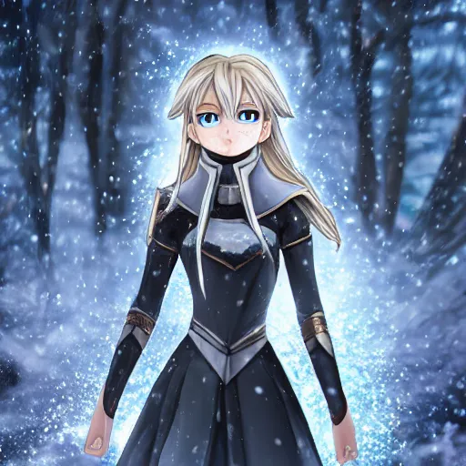 Prompt: portrait focus of knight beautiful 3D Supa Saiyajin anime girl, Frozen ice armor wearing, dark forest background, snowing, bokeh, inspired by Masami Kurumada, digital painting, high contrast, unreal engine render, volumetric lighting, high détail