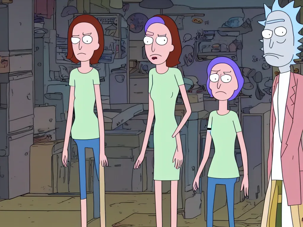 Image similar to a still from a female version of rick and morty