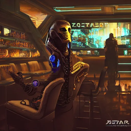 Prompt: high quality portrait of a starcraft Protoss Zealot in a cyberpunk cyberpunk cyberpunk cafe, realism, 8k, award winning photo