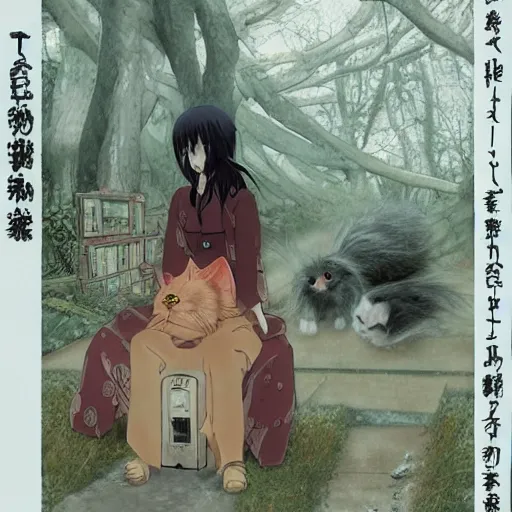 Image similar to a professionally painted realistic anime portrait by yuji ikehata and satoshi kon, of a lonely vampire woman learning how to live in an old homely cottage by herself in the middle of the woods with only an old scruffy cat as a friend, old vintage vhs, scan lines, grainy quality, real anime, realistic, peaceful, lighthearted