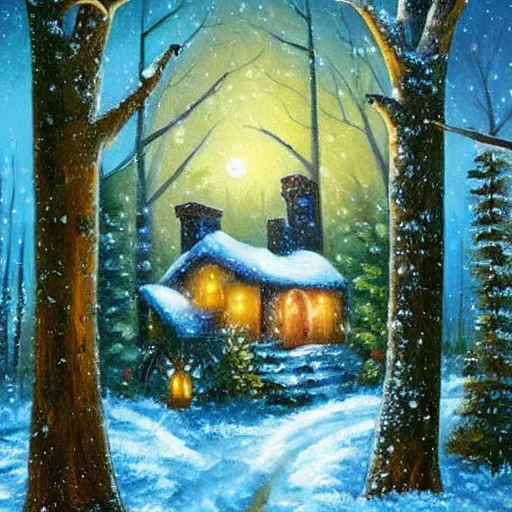 Prompt: snowy forest night scene magical cottage surrounded by the woods with one illuminated window, oil painting