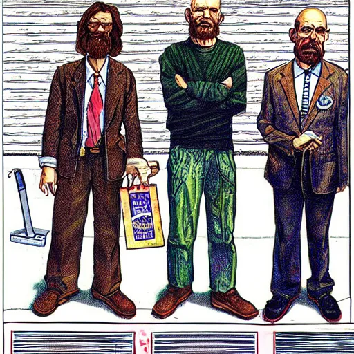 Prompt: The Artwork of R. Crumb and his Cheap Suit Breaking-Bad-Walter-White buying drugs, pencil and colored marker artwork, trailer-trash lifestyle