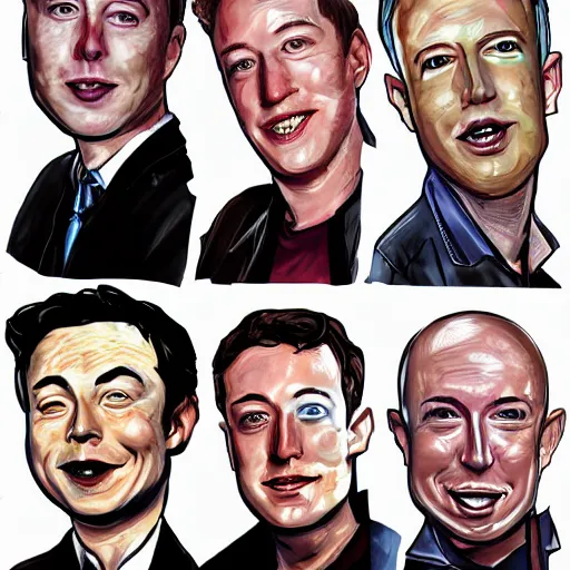 Image similar to portrait of elon musk, mark zuckerberg, jeff bezos, in meeting together, very detailed, art contest winner on behance, trendy on deviant art, by by artgem