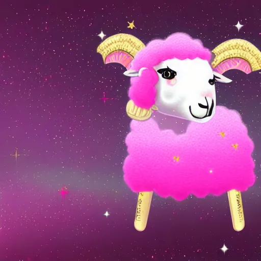 Image similar to A celestial sheep with wool that sparkles in pinky colors, digital art. Chinese art style