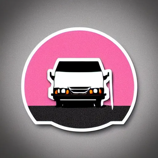 Image similar to minimal vector art sticker of a white and black cute thor chateau! motorhome camper!!, mountains, colorful sunset!!, dramatic, warm happy colors, thick lines, very minimal vector art, sticker!! by tom whalen