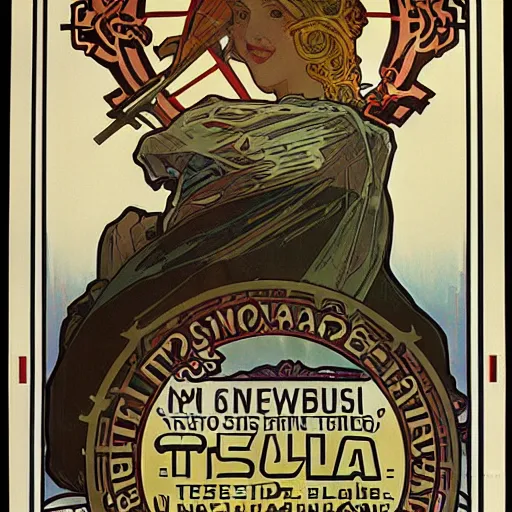 Prompt: Advertising for Tesla car by Alphonse Mucha