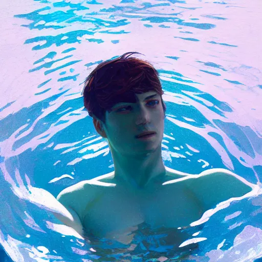 Prompt: high angle picture of an elegant man relaxing in crystal waters, extremely beautiful and aesthetic and detailed, with familiar sprites, vivid abstract caustics, chiaroscuro, intricate, masterpiece, fantasy illustrations by ilya kuvshinov and jeremy lipking and quentin mabille