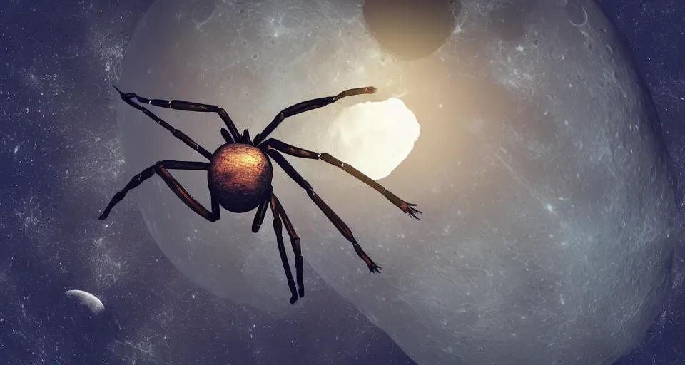 Prompt: a spider in space with the moon for her abdomen, octane render, realistic lighting