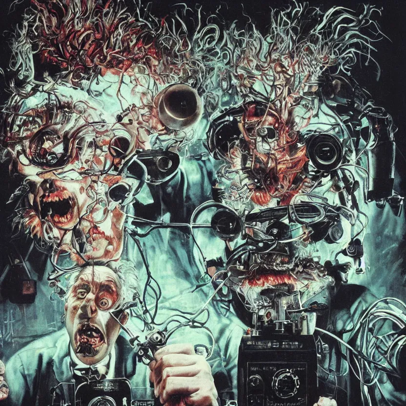 Prompt: a close - up view of a mad scientist with crazy hair experimenting on a television in a blacklight room, dark glowing laboratory, highly detailed science fiction painting by norman rockwell, tim jacobus, simon bisley, and sanjulian. detailed texture, rich colors, high contrast, gloomy atmosphere, dark background. trending on artstation