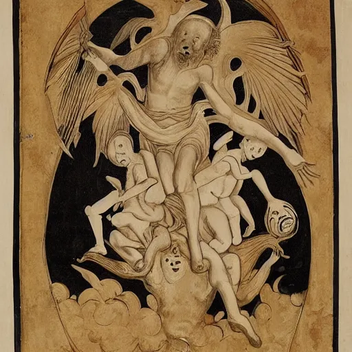 Image similar to a horror vacui depicting birth death God and the devil,