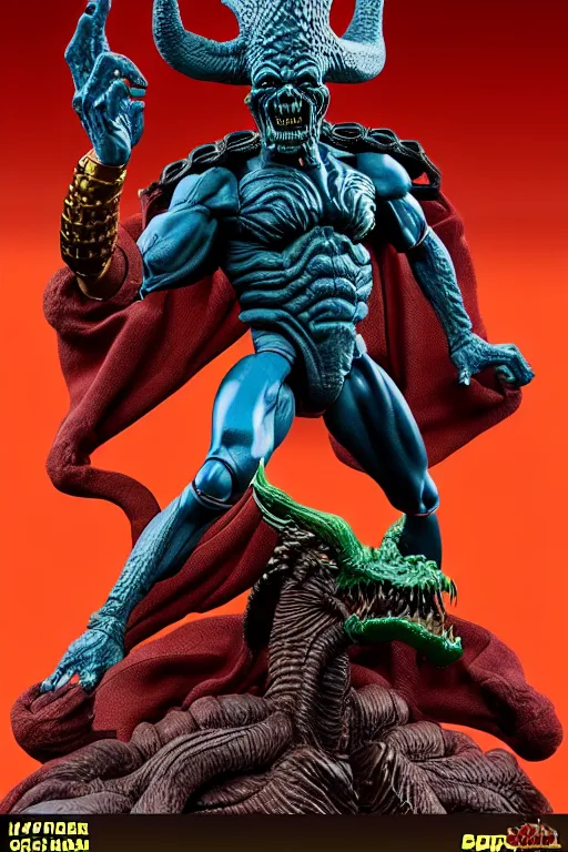 Image similar to a hyperrealistic rendering of an epic boss fight against an ornate supreme dark overlord by art of skinner and richard corben, product photography, collectible action figure, sofubi