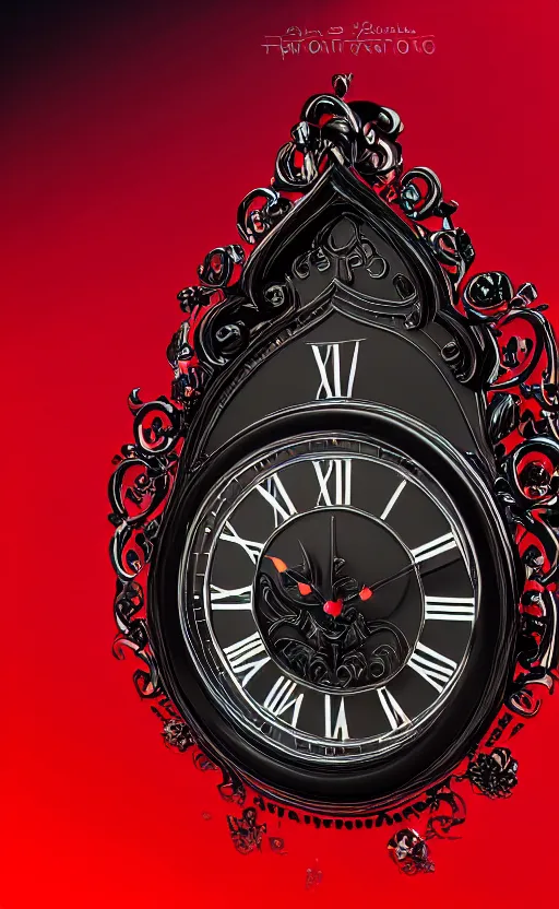 Image similar to a melting Roman numeral clock, behind a red and black gradient background, awith a black heart shaped on the top left corner and a black diamond card shape in the bottom right corner, dynamic lighting, photorealistic fantasy concept art, trending on art station, stunning visuals, cinematic, creative, ultra detailed