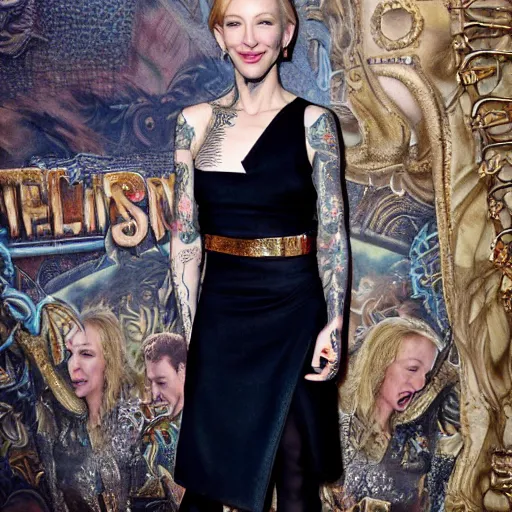 Image similar to full body tattooed cate blanchett with golden teeths 4k