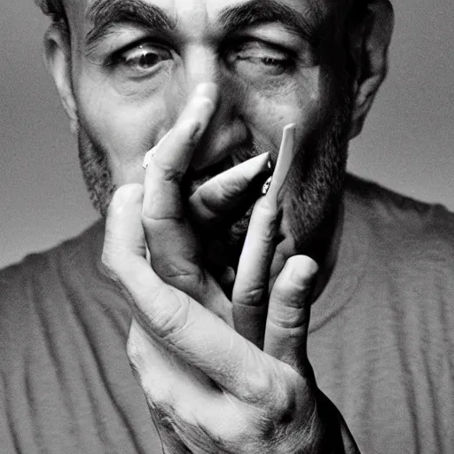 Prompt: very accurate photo, very coherent image, hyper realistic photo of a man holding a cigarette in a hand, by Omar Reda, Tim Booth, award-winning shot