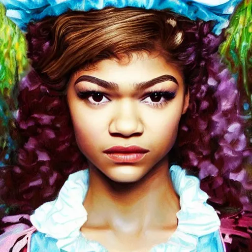 Image similar to zendaya as Alice in wonderland, oil painting, high detail, angelic, flawless face,