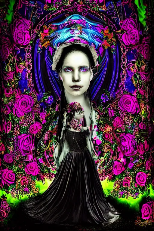 Image similar to Psychedelic black light style, nostalgia of a fairytale, elegant fairytale tower covered in roses, full body portrait of medieval princess, cottagecore, Exquisite, dramatic lighting