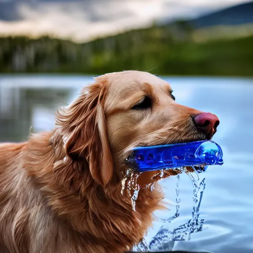 Prompt: a realistic image of a golden retriver drinking water, ultra high detail, 8 k.