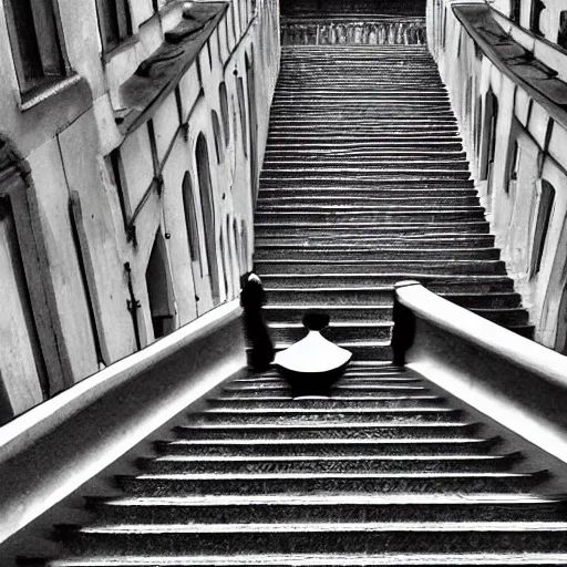 Image similar to looking down upon a man who walks down a staircase, perspective, by sergey belik