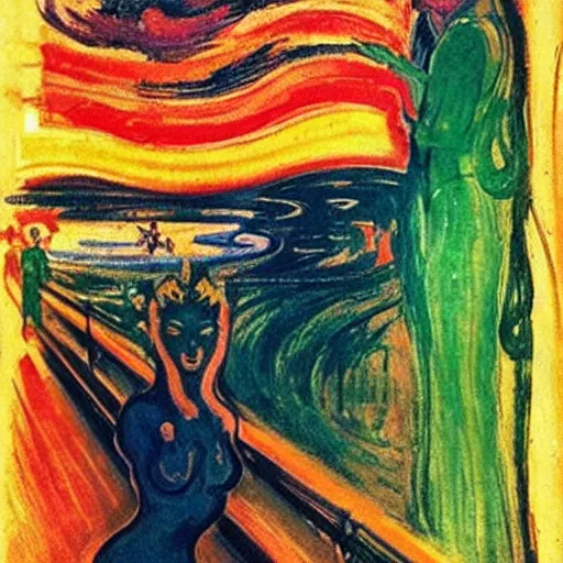 Image similar to queen of the dreamlands, beautiful! coherent! by edvard munch, by frank frazetta, deep colors, strong lines, high contrast