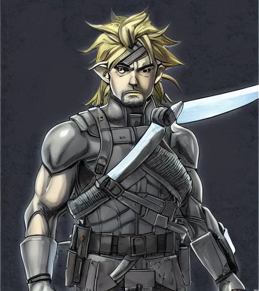 Prompt: portrait rayden dante solid snake link from the legend of zelda by yusuke murata and masakazu katsura, detailed face, holding a sword in one hand and a shield at the other, artstation, detailed eyes, highly - detailed, cgsociety, unreal engine 5, ocane render pencile and ink, city in the background, dark colors, intricate details